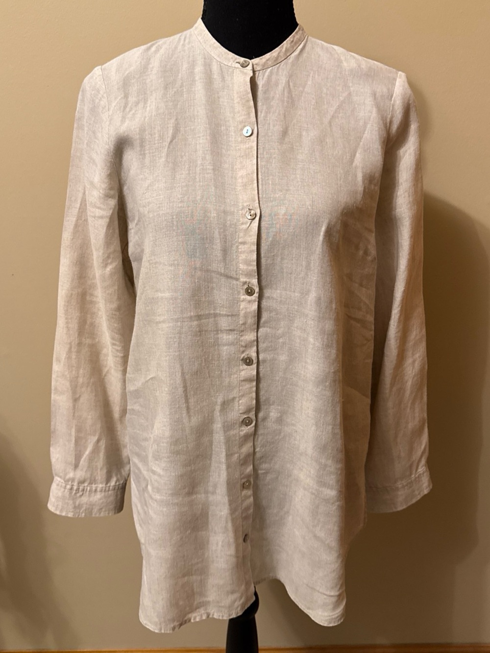 Eileen Fisher Natural Cream Linen Band-Collar Button-Down